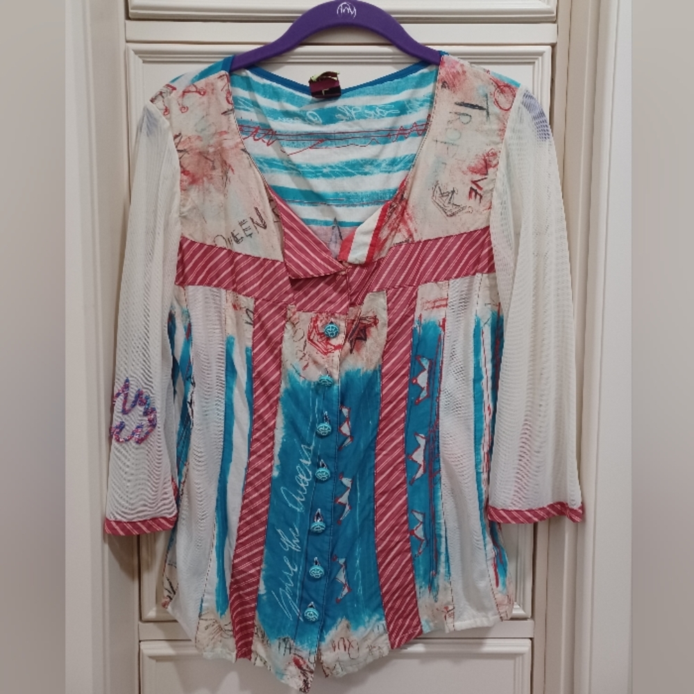 Save The Queen Mixed Media Button Front Top Sailb… - image 2